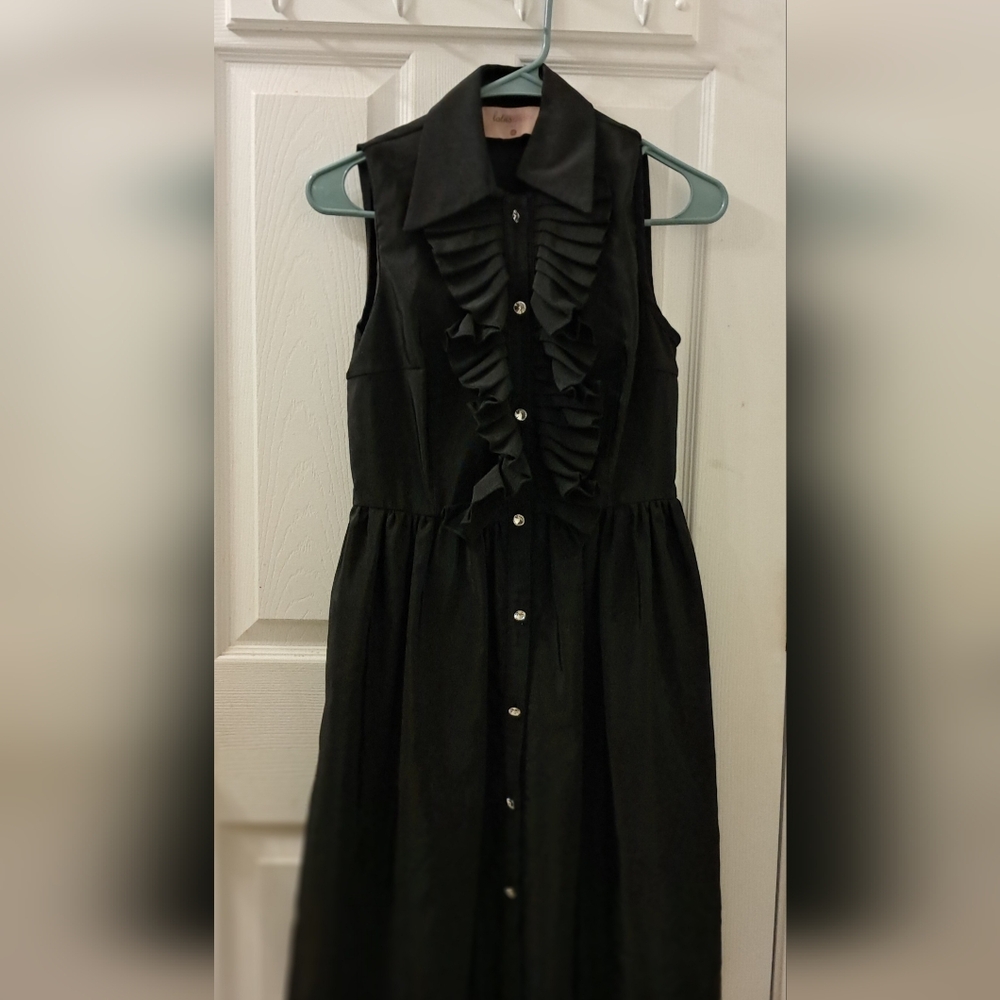 Lotus Grace  Black Moire Ruffle Front Cocktail Dress Size 4